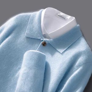 Herrtröjor Autumn och vintern Ny 100 Pure Wool Sweater Mens Polo Collar Button Loose Pullover Tröja Cashmere Sticked Bottom Shirt Q240527