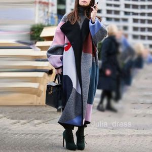 2024 New Fashionable Color Block Flip Collar Digital Printed Double Faced Woolen Coat