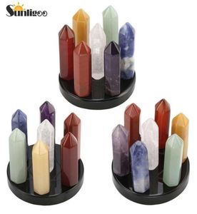 Sunligoo 7 Chakra Star Group Reiki Healing Crystal Quartz Energy Stone Hexagonal Punkt Statue Statue Figurine Obsidian Stand Zestaw T23954938