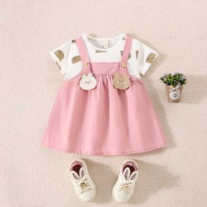 Girl's Dresses Summer New Girl Baby Dress Strap Cartoon Animal Two Piece Set T-shirt Little Bear Print Sweet Princess H240527