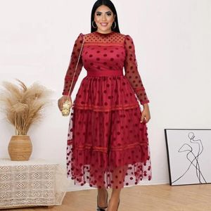 Plus Size Dresses Long Sleeve Tulle Dress Polka Dot Classy A Line Slim Fit Midi Women See Through Lady Evening Party Gowns 5XL 323C