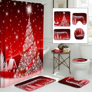 Cortinas de chuveiro árvores de Natal vermelhas capa do banheiro cortina anti-chapéu de tapete de tapete Toliet Banheiro para decoração de casa