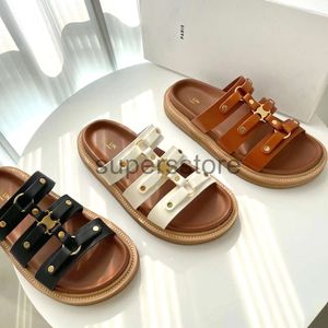 2024New Luxury Designer tofflor Sandal Summer Beach Womens Leather Mule Sliders Casual Shoe Gladiator Flat Sandale mode Black Brown Pool Slide Slipper Presentlåda