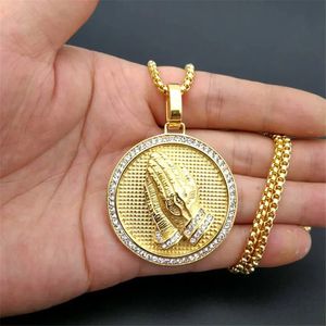 Iced Out Round Praying Hands Necklace Pendant With 14K Gold Chain Golden Color Bling Cubic Zircon Mens Hip hop Jewelry