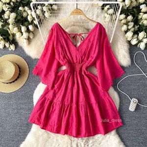 Instagram Travel Photography Vacation Dress Summer New Sweet Heart Machine Backless Waist Embroidery Age Reducing Dress for Women