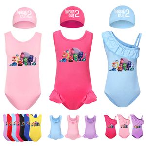 Novo Inside Out 2 Impresso Swimwear Kids One Piece Switing Outifts Baby Girls Joy Swimsuits Crianças Terno de banho de corpo inteiro com tampa L2405