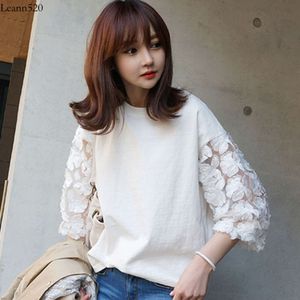 Summer Autumn New Korean Edition Loose and Slimming T-shirt, 3/4 Sleeves, Versatile Lace Bottom Shirt, Women's Wear