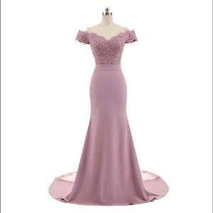 Ny ankomst Pink V Neck Cap Sleeve Vintage Lace Appliques Pärlade sjöjungfru brudtärna klänningar Party Gowns Vestido de Festa 274R