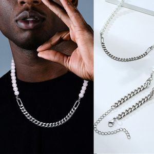 Hiphop Half 7mm Miami Cuban Link Chain And Half 8mm Pearls Choker Necklace For Men And Women In Stainless Steel JewelryQ0115 189T