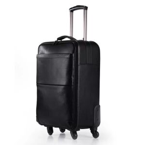 Suitcases Men Genuine Cowhide Leather Spinner Carry On Travel Luggage Hand Cabin Zipper Coded Lock Suitcase Black Red 18/20/22