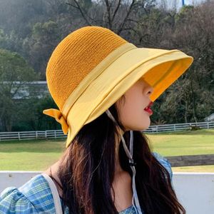 تقسيم الشباك الصياد قبعة الصيف الكورية النسخة الكورية مع حبل مقاومة للرياح القوس التنفس Sunshade Sunshade Women Wide Brim Hats 218n