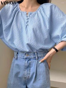 Women's Blouses VONDA Fashion Plaid Women Tunic Tops Buttons Casual Shirts 2024 Summer 3/4 Sleeve O-Neck Loose Bohemian Vintage Blusas