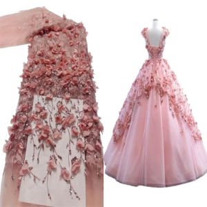 Tecido de renda com lantejoulas para festas, bordados em flor 3D, malha francesa, tule nigeriano, rosa, mais recente, branco