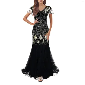 Casual Dresses Women 1920 -talet Great Gatsby Dress Long Vintage Short Sleeve Maxi Party Elegant Mesh Bead Fishtail Prom Cocktail