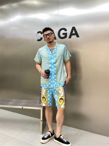 24SS Unisex Hawaiian Beach Tracksuit Set - Color Block Printed Shirt Shorts för män och kvinnor Asiatisk storlek M -3XL A14