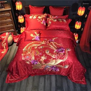 Bedding Sets Luong Loong Phoenix Flores Bordados Egito Casamento de Casamento Jacquard Tampa Capa Campa Cabeça Pounhas de Administração