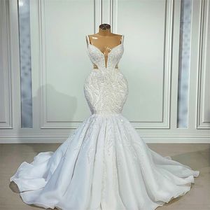 Luxurious Beading Lace Mermaid Wedding Dresses Bridal Gowns Spaghetti V Neck Sweep Train robe de soiree mariage 315I