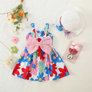 Girl's Dresses 0-3 Year Old Baby GirlS Dress 2 Pieces/Set As A Gift Hat New Style Back Bow Colored Large Flower Suspender Daily Casual H240527 R6CY