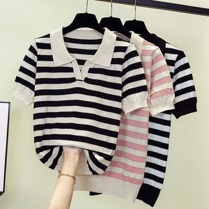 Early Summer Knitted Shirt Womens Polo Collar Wear Stripe Hollow Contrast Lapel Korean Style Texture Short sleeve Sweater 240528