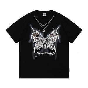 Men's T-shirts Design Butterfly Embroidery Necklace Short Sleeved T-shirt Men 2024 New China-chic Pure Cotton Couple Top JU7H