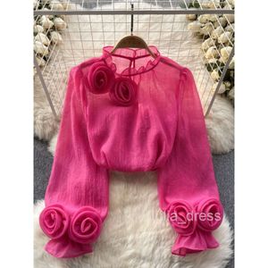 French shirt female design sense niche three-dimensional flower bubble sleeves age reducing and versatile solid color chiffon shirt female long sleeved top