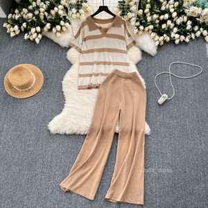 Large Womens Lazy Style Set Womens Stripe Knitted Top Loose and Slim Wide Leg Pants Casual Two Piece Set