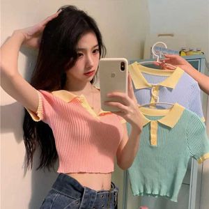 Women's Polos Summer POLO Collar Temperament Short Slve Casual Top Aesthetic T Shirt Crop Strtwear Office Lady Patchwork Fashion Women T Y240527