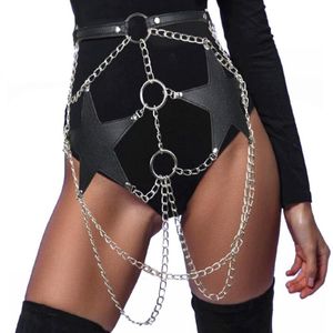 Vintage women Sexy Garter Leather belt Body Bondage Leather Harness With Chain Corset Waist Belt Straps Suspenders Accessories 210q