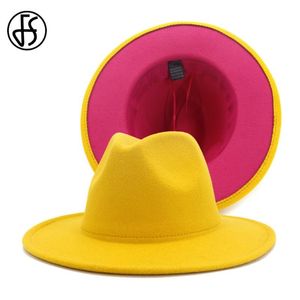 FS Yellow Rose Patchwork Wool Felt Jazz Fedora Hats Women Unisex Wide Brim Panama Party Trilby Cowboy Cap 2662