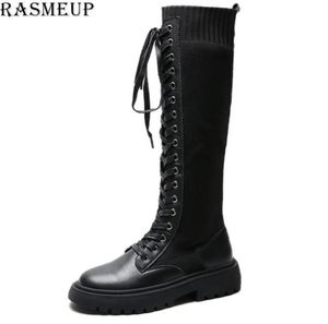 Rasmeup Leather Kinted Elastic Women039S Knee High Boots 2020 Style Women Platform Long Boot Lace Up Lady Chunky Shoes Plus SI4027466