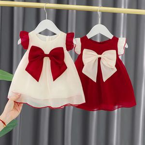 New Girls Summer Elegant Princess Red White Dress 0-5 Years Big Bow Kids Birthday Party Clothes