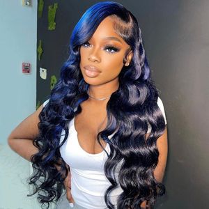 New Blue Highlight Color Hair Body Wave Human Hair Wig 13x4 Glueless Lace Frontal Wig HD Black and Blue Wig Synthetic Cosplay Altcl