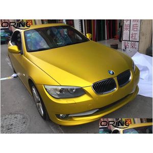 Car Stickers Gold Matte Chrome Vinyl Wrap Film With Air Bubble Golden Satin Vehicle Fl Body 1.52X20M/Roll Drop Delivery Automobiles Mo Ot8Rz