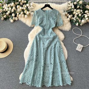 Small and high-end round neck ruffle sleeve lace dress for womens summer new slimming and elegant long skirt