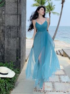 Casual Dresses Summer Blue Women's Tulle Beach Maxi Dress Sleeveless V-Neck golvlängd Elegant Evening Party Slip Fashion