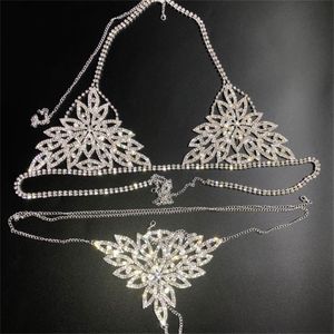 New Sexy Chain Bra Body Jewelry Crystal Bikini Set Beach Lingerie Outfit Harness Bling Thong for Women Holiday T200508 207n