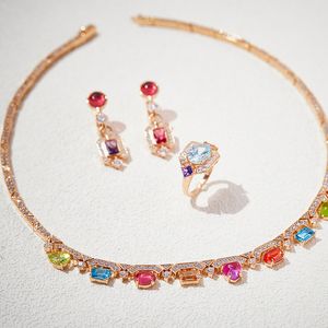 Designer Collection Style High-end Ring Earrings Necklace Women Lady Inlay Cubic Zircon Diamond Synthetic Colourful Gem Plated Gold Color Jewelry Sets
