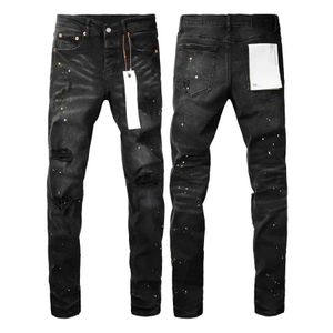 Men's Jeans New Fashion 2024 High Quality Purple Jeans Mens High Street Black Paint Dot Knife Cut Hole Repair Low Rise Tight denim pants J240527