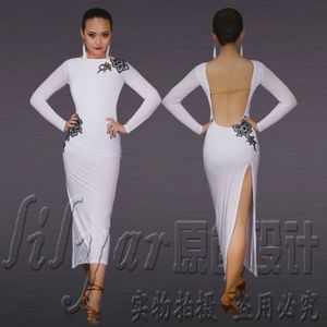 Sahne Giyim Seksi Beyaz Latin Dans Elbise Uzun Kollu Arka Çıkmaz Kadınlar Tango Rekabet Samba Qerformance Show Kostüm 305f