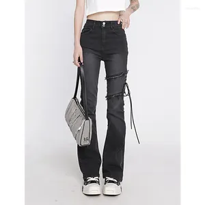 Women's Jeans Women's Clothing Flare Black Lacing High Waist Stretchy Self Cultivation Vintage Casual Baggy Ladies Denim Trouser Summer