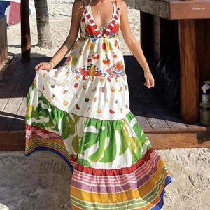 Vestidos casuais impressão gráfica indie v ruffles de pescoço uma linha feminina feminina férias de praia de praia