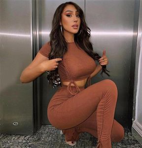 2021 Solid Ribbed Tracksuits Two Piece Set Women DrawString Short Sleeve Tops och Stretchy Ruched Side Split Pants Matching outfi4258351