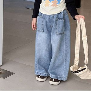 Frühling Herbst Kindertasche Weitbein Kontrast lose entspannte Hosen für Jungen und Mädchen Jeans Baby Kinderhosen L2405