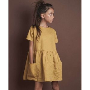 2024 Fashion Cotton Linne Summer Girl Gul Casual Short Sleeve Kids Holiday Dress med fickor TZ20