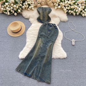 Pure desire spicy girl style denim set womens design sense strapless top+high waist slimming slit fishtail long skirt