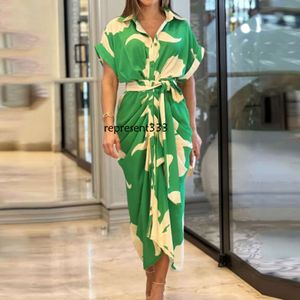 デザイナードレス2024ins夏の女性の印刷されたポロネック半袖ハイウエストロングシャツドレス
