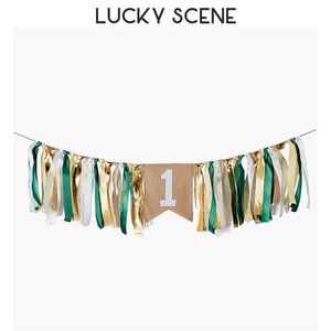 Banners Streamers Confetti High Chair Banner Sateen Linen Baby Birthday Party Theme Flag Room Fabric Garland Cake Smash Photo Decoration Green Gold S00279 d240528