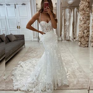 Romantic Lace Appliques Wedding Dresses Straps Dress For Bride Mermaid Bridal Gown With Train Plus Size 2024