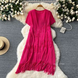 High End Womens Clothing 2024 Summer New Design Sense Dingzhu Tassel Splicing Short Sleeved Loose and Slant Pleated Dress