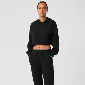 Active Sets AL Women's Yoga Set Ribbed Black Sportswear Casual Fashion Capris Hoodie Waist Length Pants Clothes For Women Gym Suits